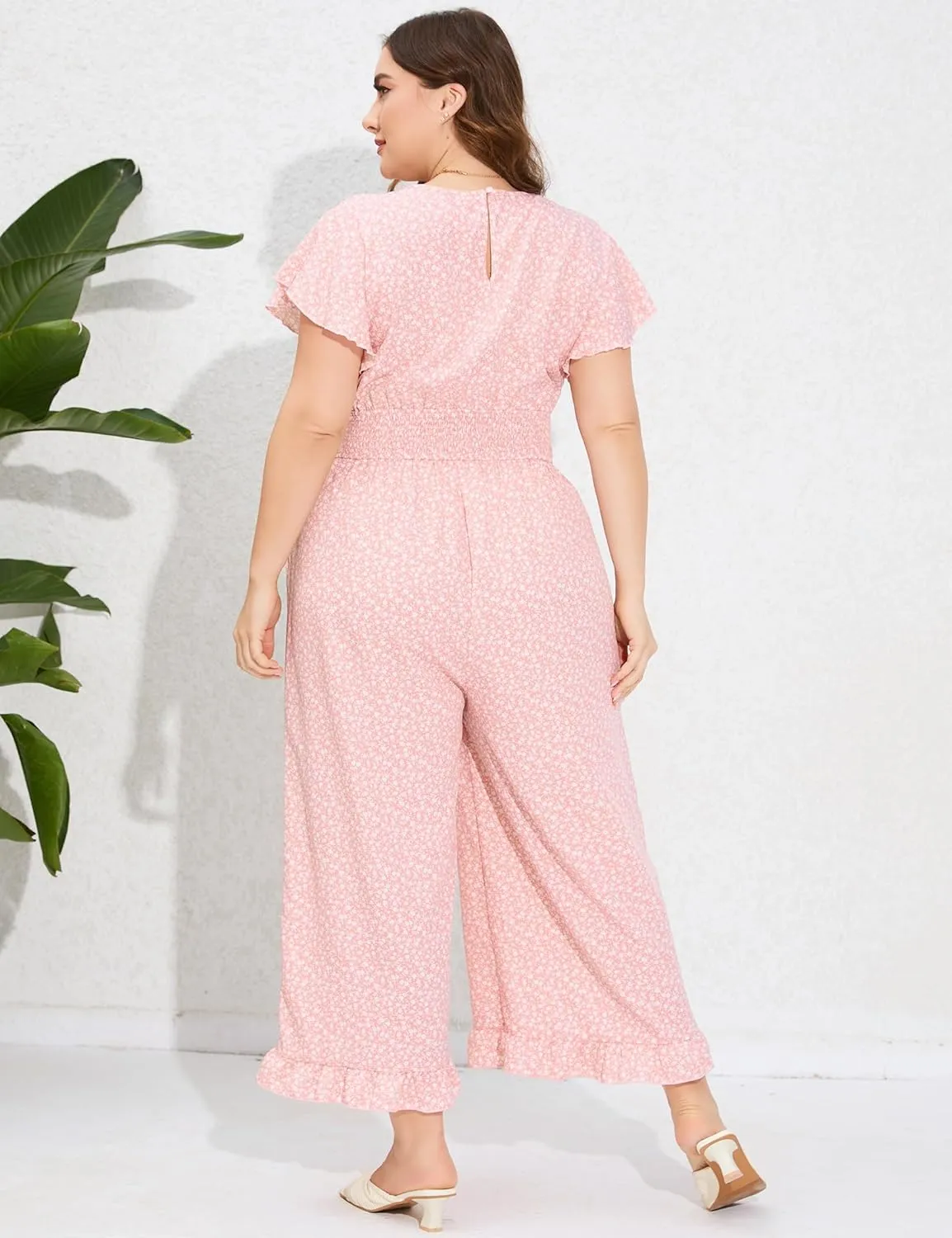ShopWonder Plus Size Loose Jumpsuits for Women Summer Short Sleeve One Piece Outfit Elastic Waist Wide Leg Floral Jumpsuits