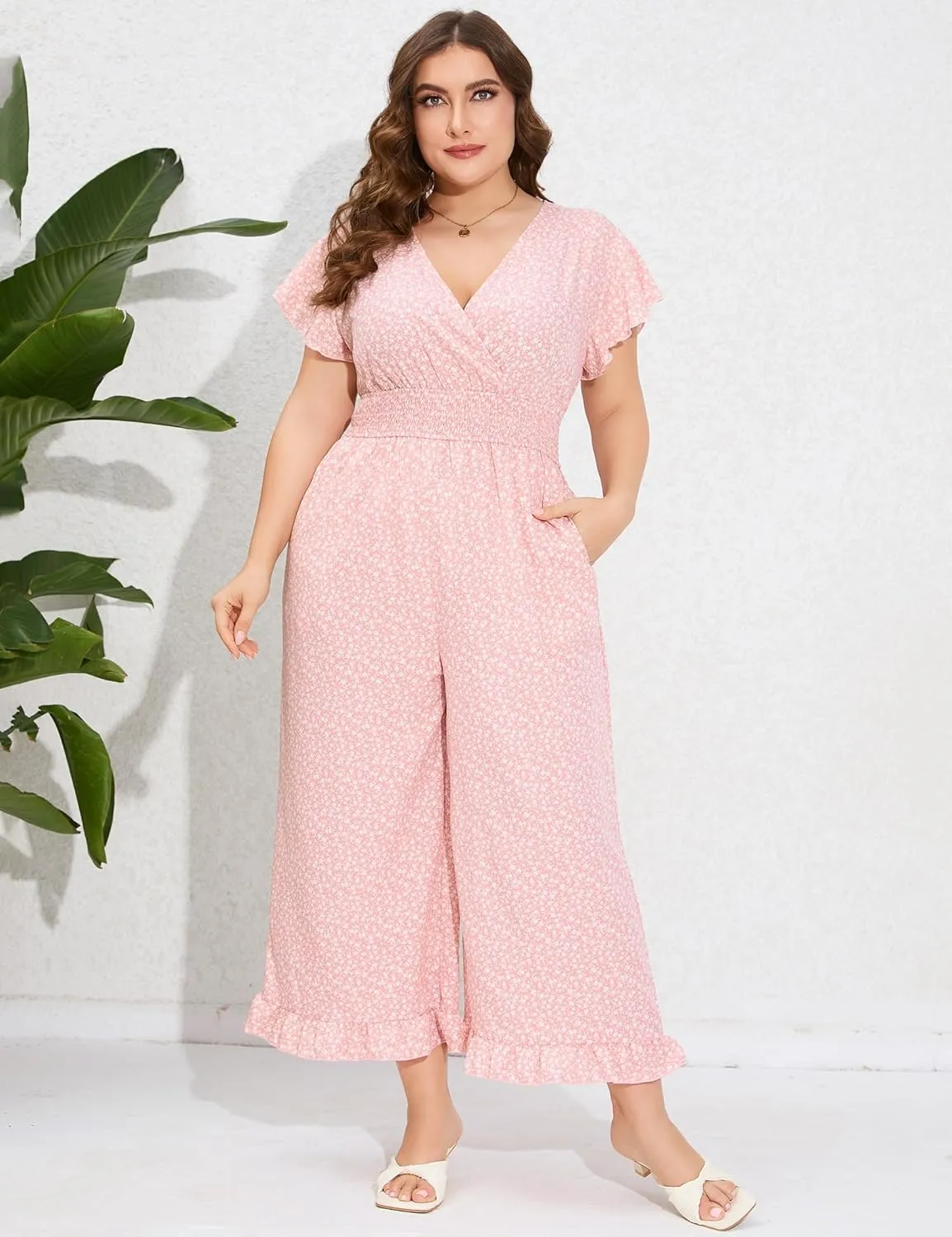 ShopWonder Plus Size Loose Jumpsuits for Women Summer Short Sleeve One Piece Outfit Elastic Waist Wide Leg Floral Jumpsuits