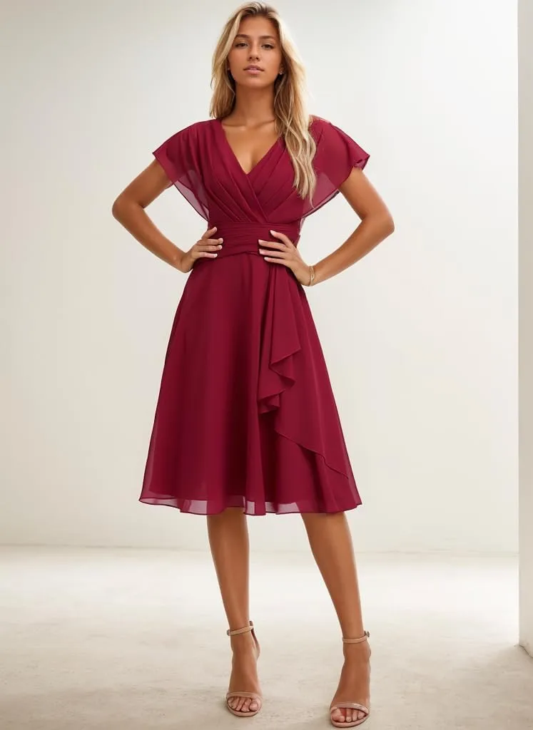 Short Bridesmaid Dresses for Wedding Ruffles Chiffon Formal Dress Corset Evening Gown with Sleeves