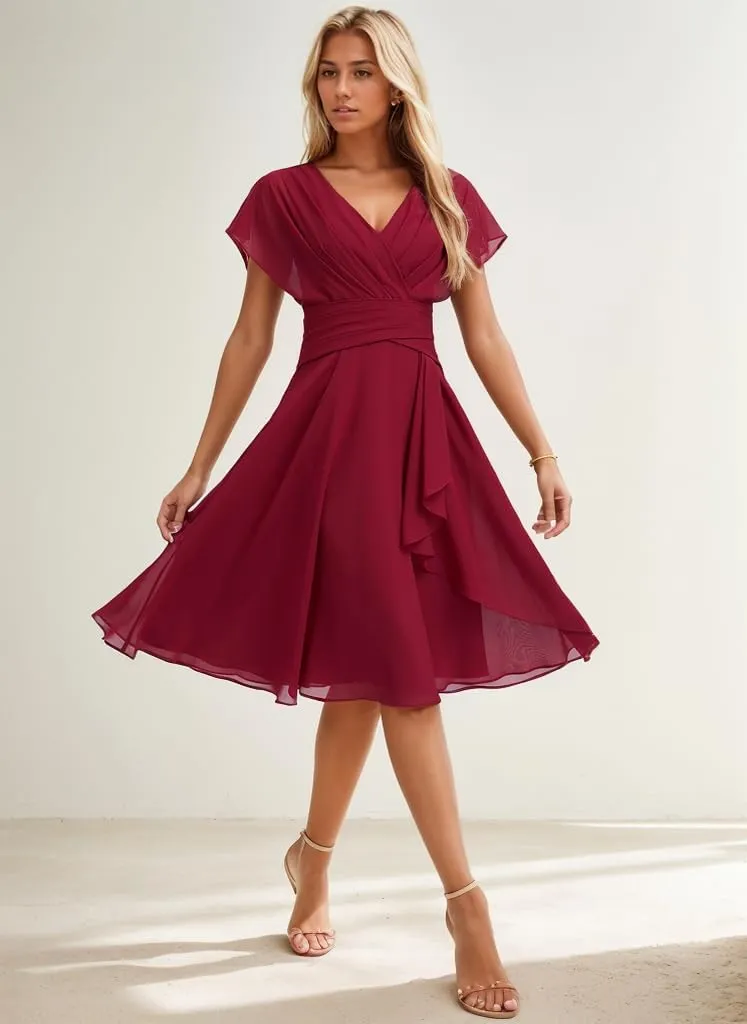 Short Bridesmaid Dresses for Wedding Ruffles Chiffon Formal Dress Corset Evening Gown with Sleeves