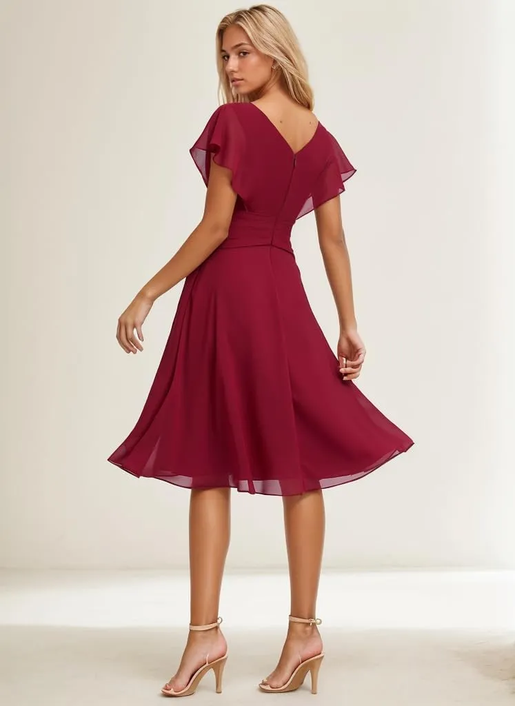 Short Bridesmaid Dresses for Wedding Ruffles Chiffon Formal Dress Corset Evening Gown with Sleeves
