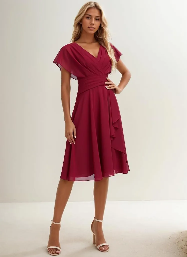 Short Bridesmaid Dresses for Wedding Ruffles Chiffon Formal Dress Corset Evening Gown with Sleeves