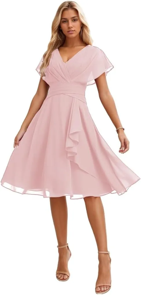 Short Bridesmaid Dresses for Wedding Ruffles Chiffon Formal Dress Corset Evening Gown with Sleeves