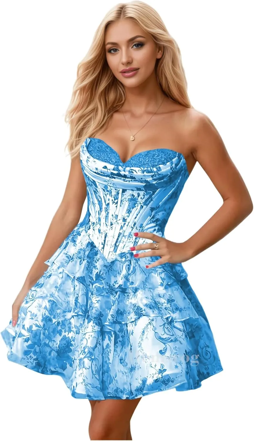 Short Homecoming Dresses for Teens Chiffon Floral Cocktail Party Dress Strapless Tiered Ruffle Prom Dresses for Women