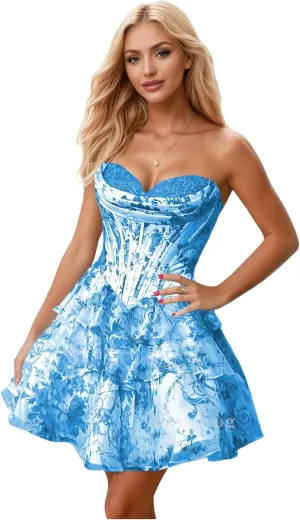 Short Homecoming Dresses for Teens Chiffon Floral Cocktail Party Dress Strapless Tiered Ruffle Prom Dresses for Women