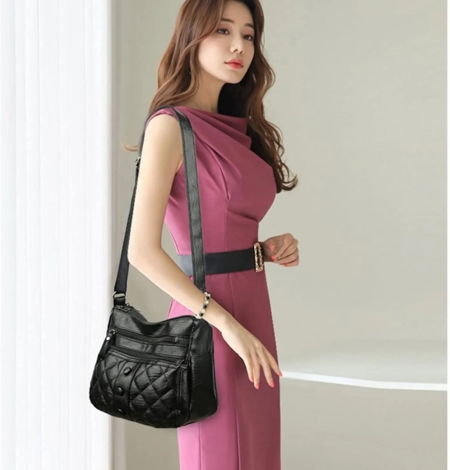 Shoulder Bags Ladies PU Leather Casual Shoulder Bags for Women Storey Large Capacity Women Crossbody Shopper Bags(Brown)