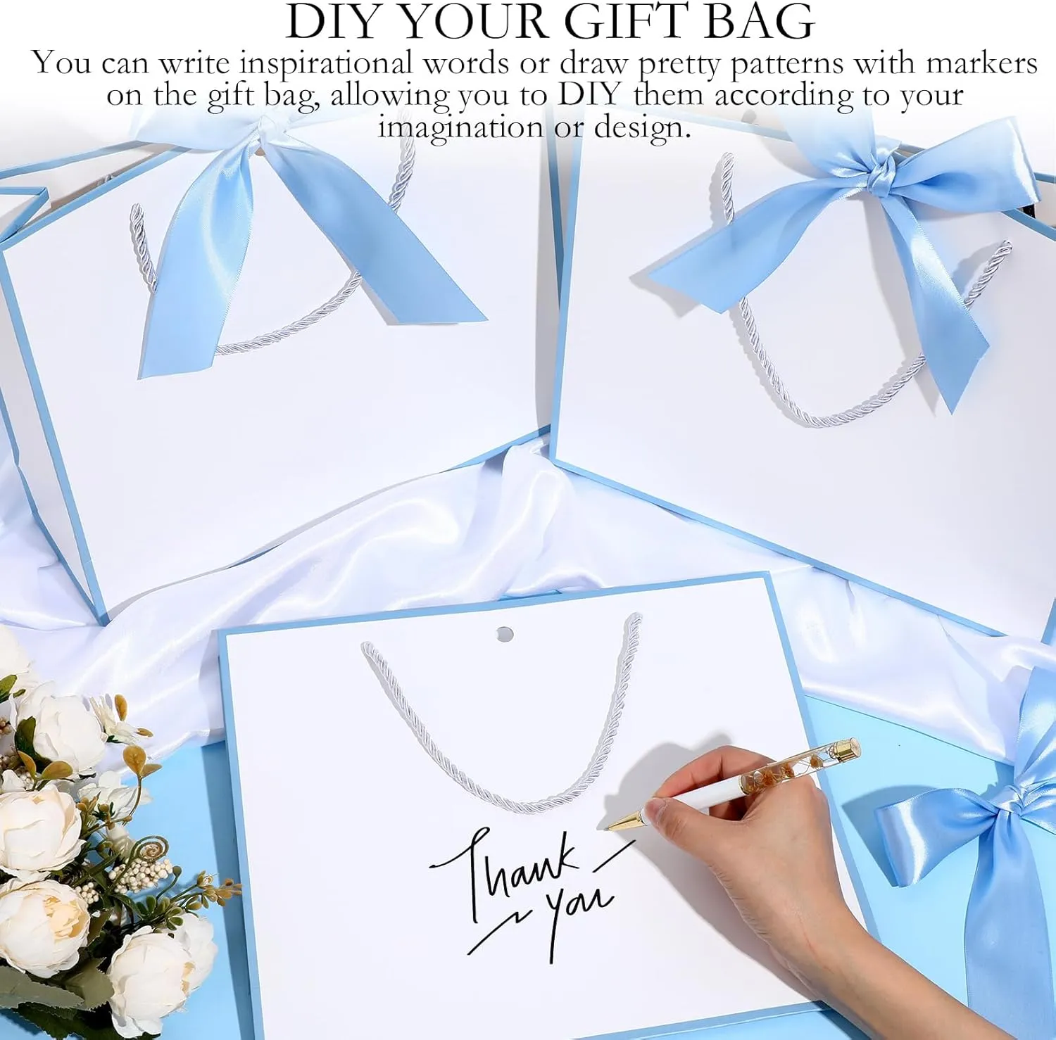 Silkfly 12 Pcs Thank You Gift Bags with Handle 12x10x4'' Welcome Bags Return Gifts with Bow Ribbon for Graduation Wedding Bridesmaid Baby Shower Housewarming Birthday Father's Day(White, Light Blue)