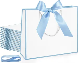 Silkfly 12 Pcs Thank You Gift Bags with Handle 12x10x4'' Welcome Bags Return Gifts with Bow Ribbon for Graduation Wedding Bridesmaid Baby Shower Housewarming Birthday Father's Day(White, Light Blue)