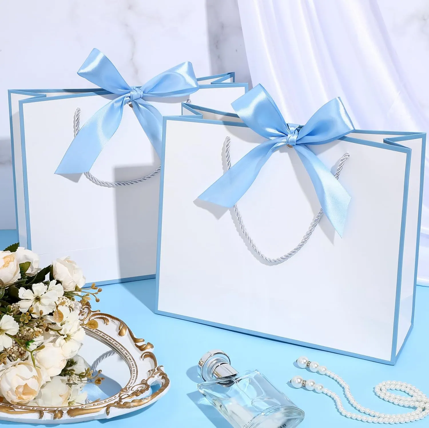 Silkfly 12 Pcs Thank You Gift Bags with Handle 12x10x4'' Welcome Bags Return Gifts with Bow Ribbon for Graduation Wedding Bridesmaid Baby Shower Housewarming Birthday Father's Day(White, Light Blue)