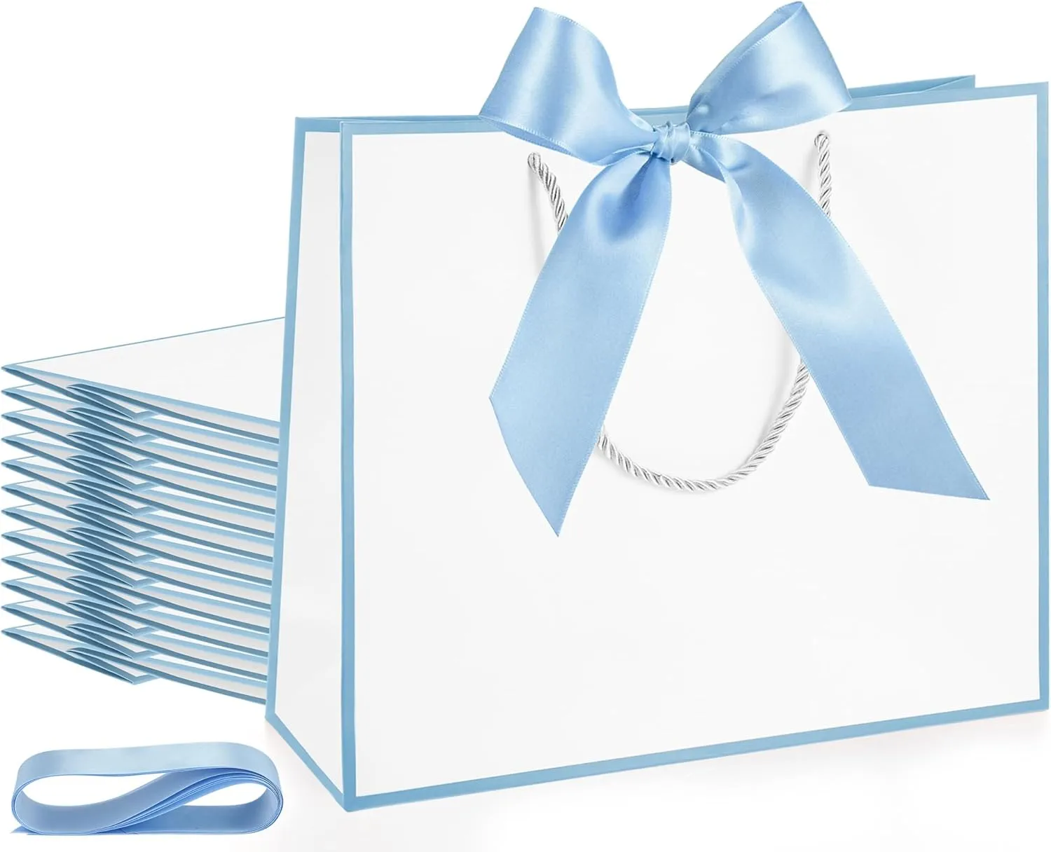 Silkfly 12 Pcs Thank You Gift Bags with Handle 12x10x4'' Welcome Bags Return Gifts with Bow Ribbon for Graduation Wedding Bridesmaid Baby Shower Housewarming Birthday Father's Day(White, Light Blue)