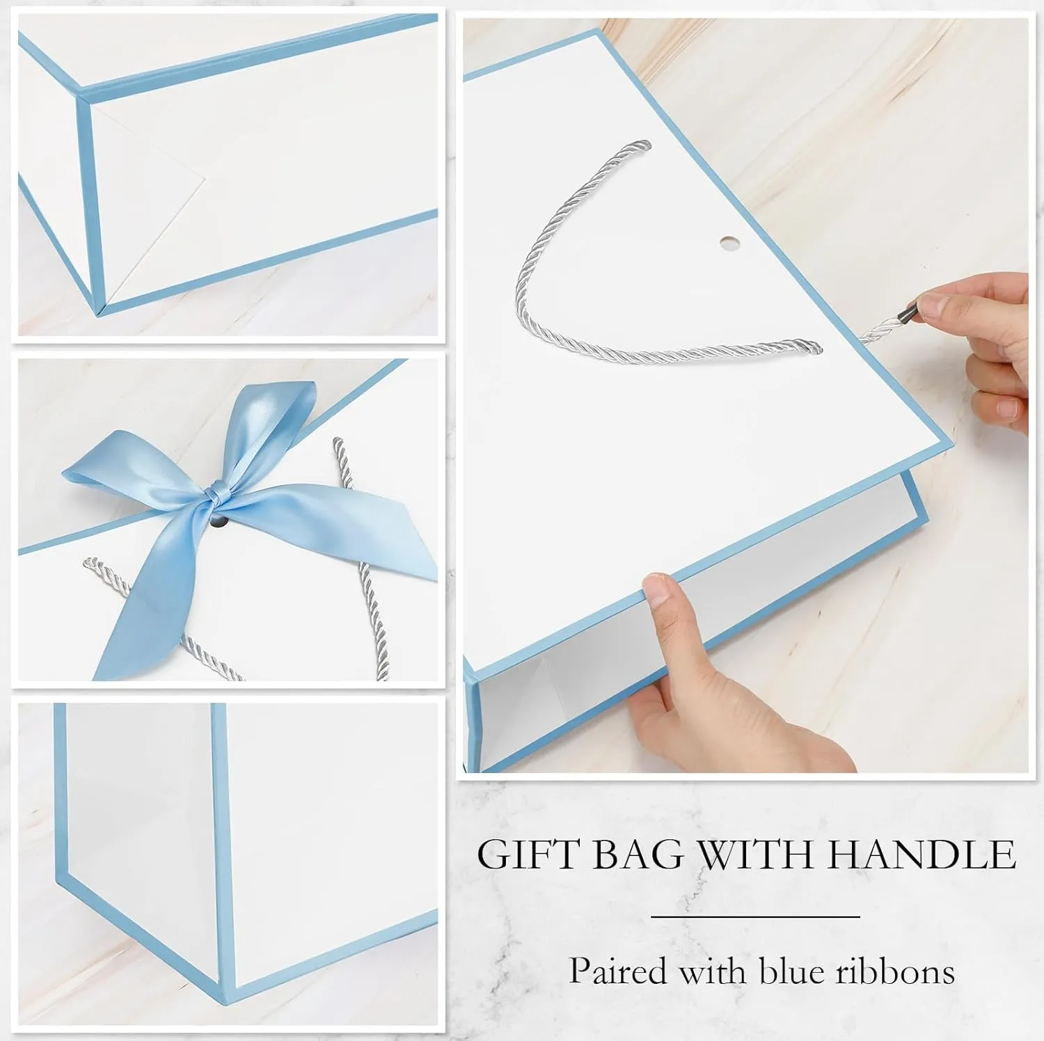 Silkfly 12 Pcs Thank You Gift Bags with Handle 12x10x4'' Welcome Bags Return Gifts with Bow Ribbon for Graduation Wedding Bridesmaid Baby Shower Housewarming Birthday Father's Day(White, Light Blue)