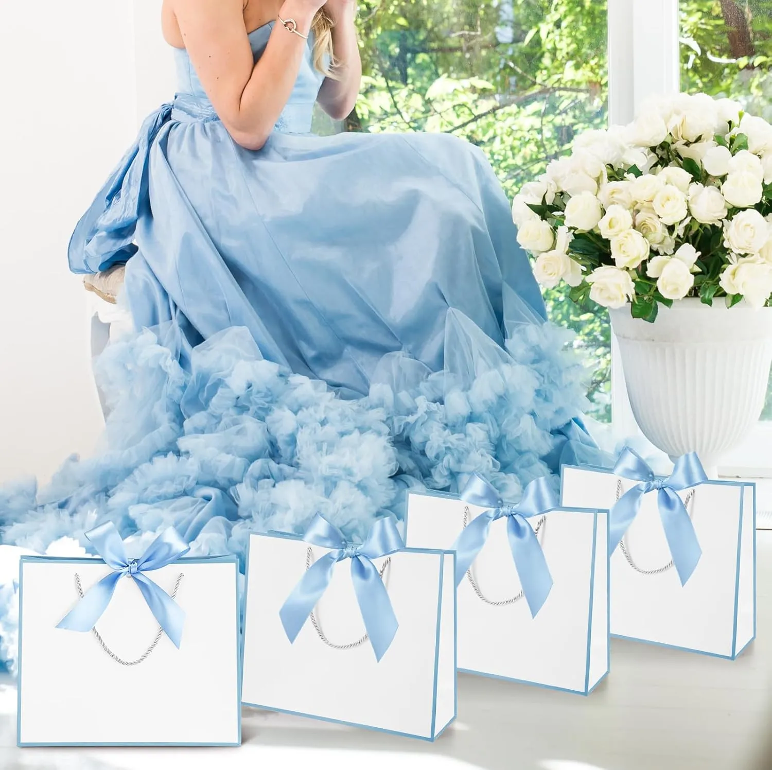 Silkfly 12 Pcs Thank You Gift Bags with Handle 12x10x4'' Welcome Bags Return Gifts with Bow Ribbon for Graduation Wedding Bridesmaid Baby Shower Housewarming Birthday Father's Day(White, Light Blue)