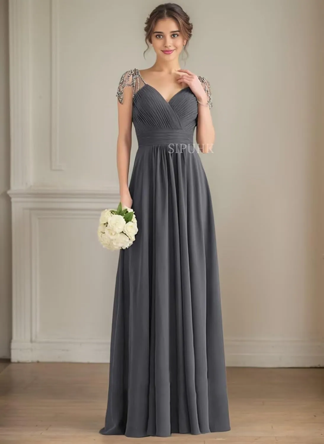 SIPUHK Elegant Long Bridesmaid Dresses for Wedding Pleated Chiffon Prom Dress Beaded Cap Sleeve Formal Dresses for Women 2025