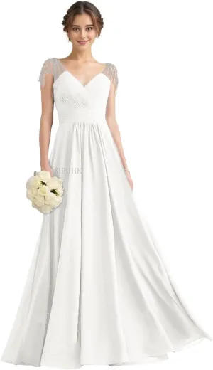 SIPUHK Elegant Long Bridesmaid Dresses for Wedding Pleated Chiffon Prom Dress Beaded Cap Sleeve Formal Dresses for Women 2025