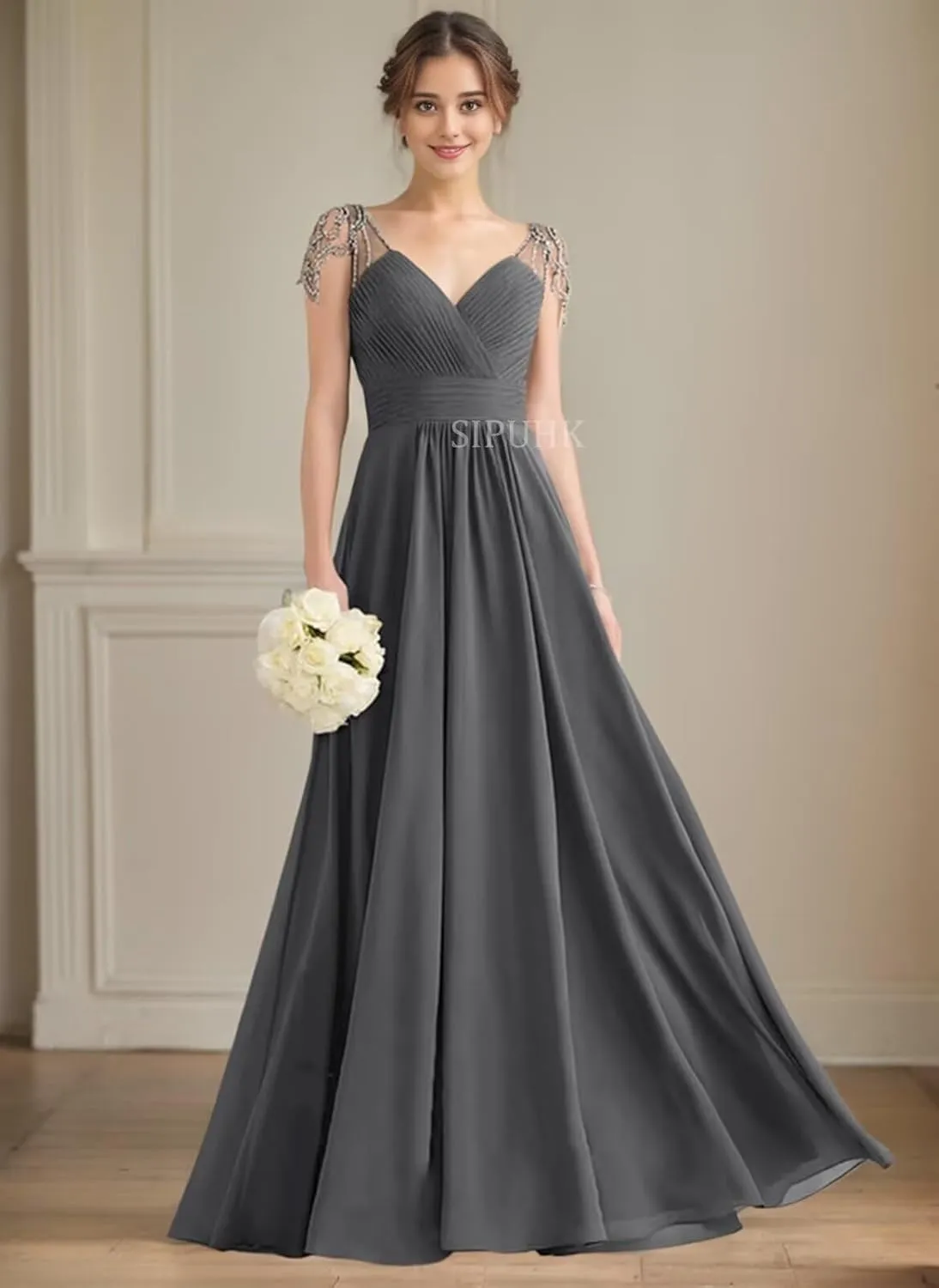 SIPUHK Elegant Long Bridesmaid Dresses for Wedding Pleated Chiffon Prom Dress Beaded Cap Sleeve Formal Dresses for Women 2025