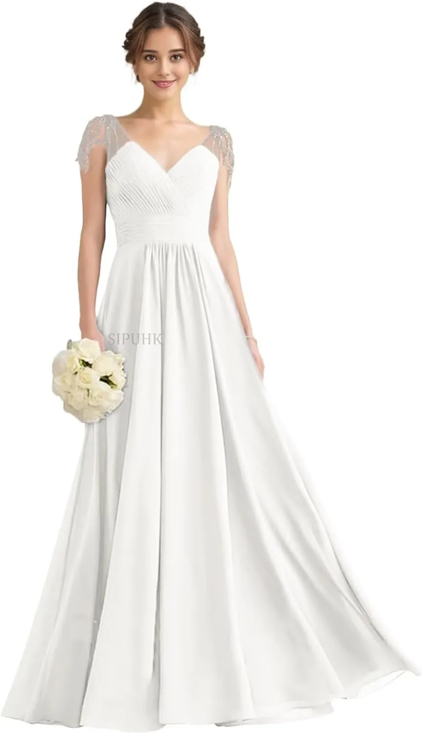 SIPUHK Elegant Long Bridesmaid Dresses for Wedding Pleated Chiffon Prom Dress Beaded Cap Sleeve Formal Dresses for Women 2025