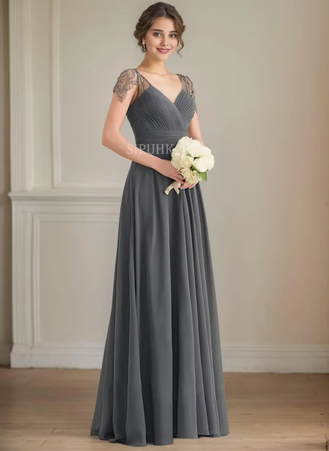 SIPUHK Elegant Long Bridesmaid Dresses for Wedding Pleated Chiffon Prom Dress Beaded Cap Sleeve Formal Dresses for Women 2025