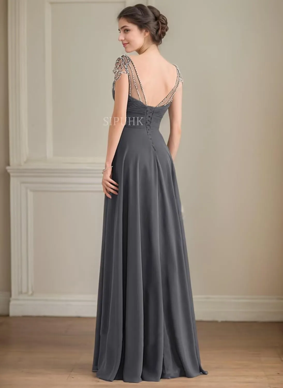 SIPUHK Elegant Long Bridesmaid Dresses for Wedding Pleated Chiffon Prom Dress Beaded Cap Sleeve Formal Dresses for Women 2025