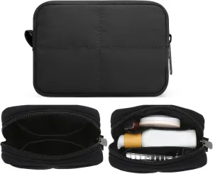 Small Makeup Bag for Purse, Quilted Travel Cosmetic Bag, Zipper Cosmetic Pouch Organizer Toiletry Bag, Make Up Bags for Women Girls, Black