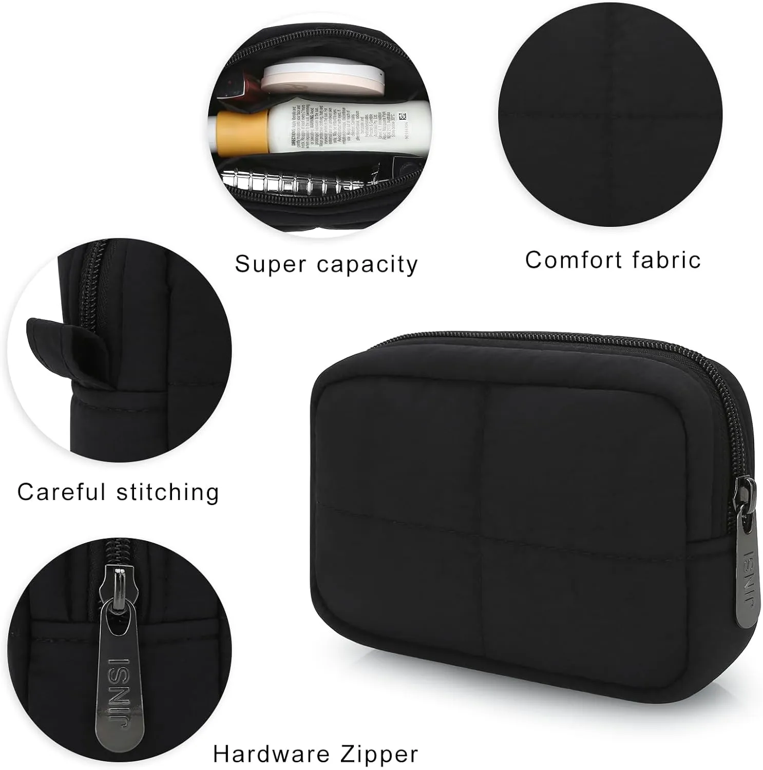Small Makeup Bag for Purse, Quilted Travel Cosmetic Bag, Zipper Cosmetic Pouch Organizer Toiletry Bag, Make Up Bags for Women Girls, Black