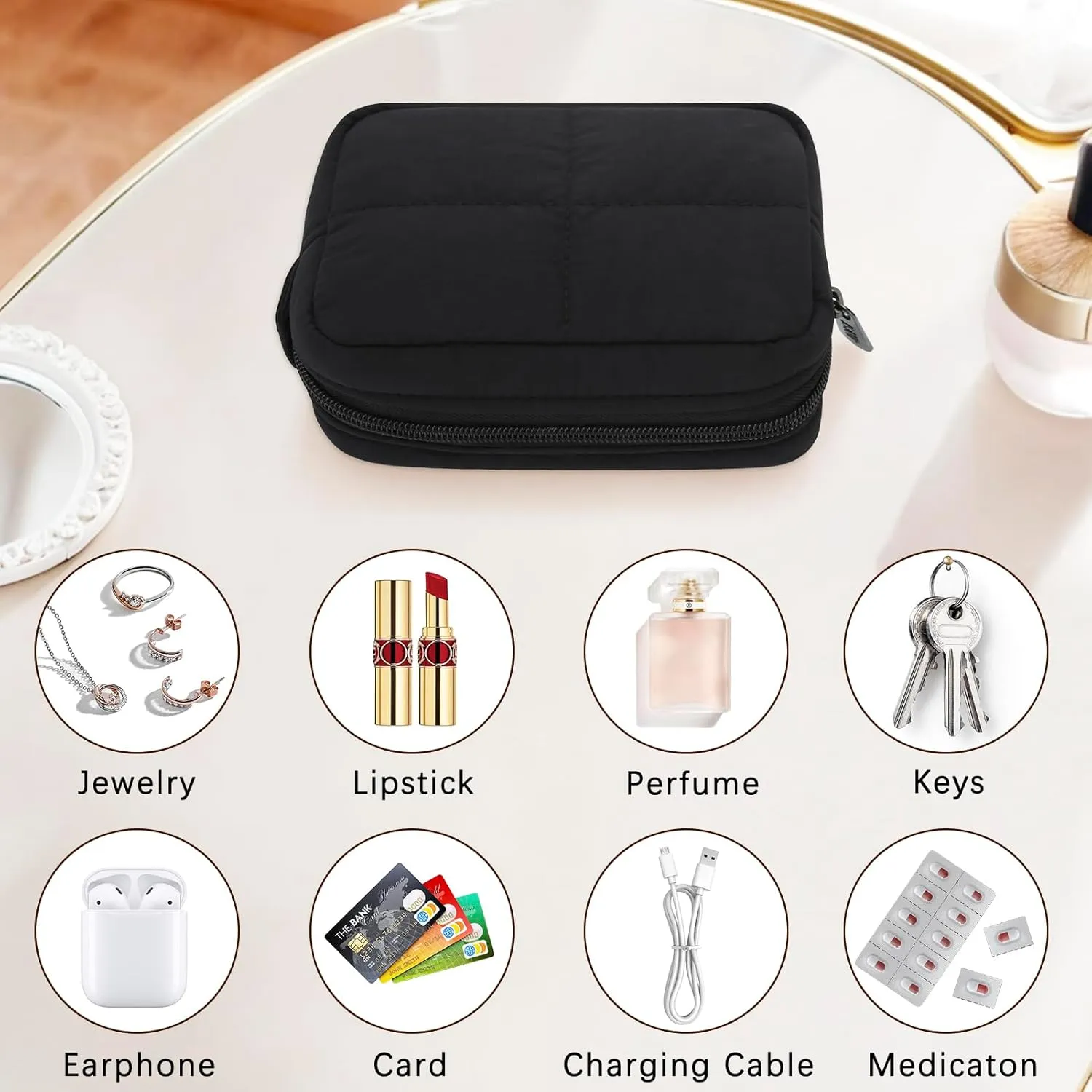 Small Makeup Bag for Purse, Quilted Travel Cosmetic Bag, Zipper Cosmetic Pouch Organizer Toiletry Bag, Make Up Bags for Women Girls, Black