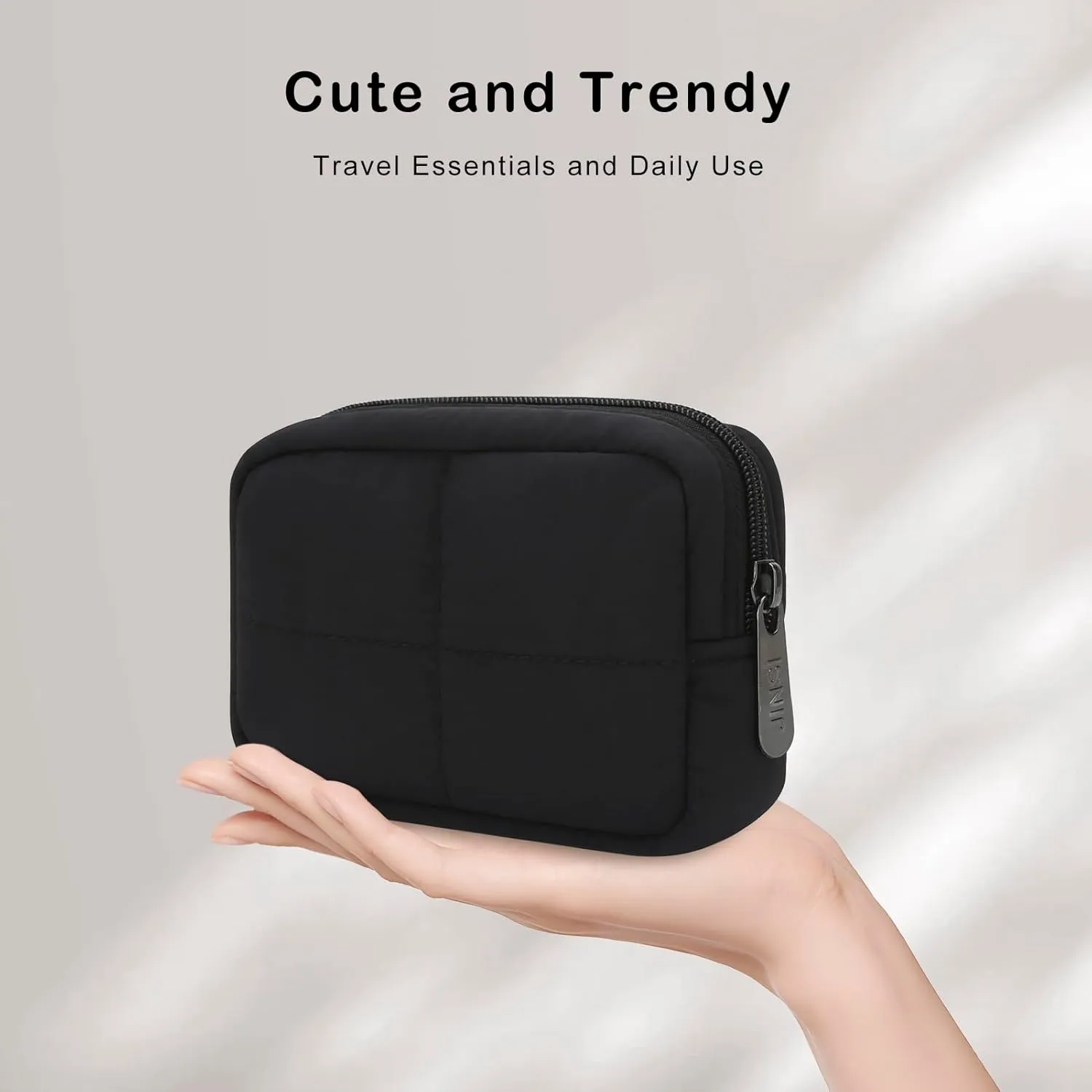 Small Makeup Bag for Purse, Quilted Travel Cosmetic Bag, Zipper Cosmetic Pouch Organizer Toiletry Bag, Make Up Bags for Women Girls, Black