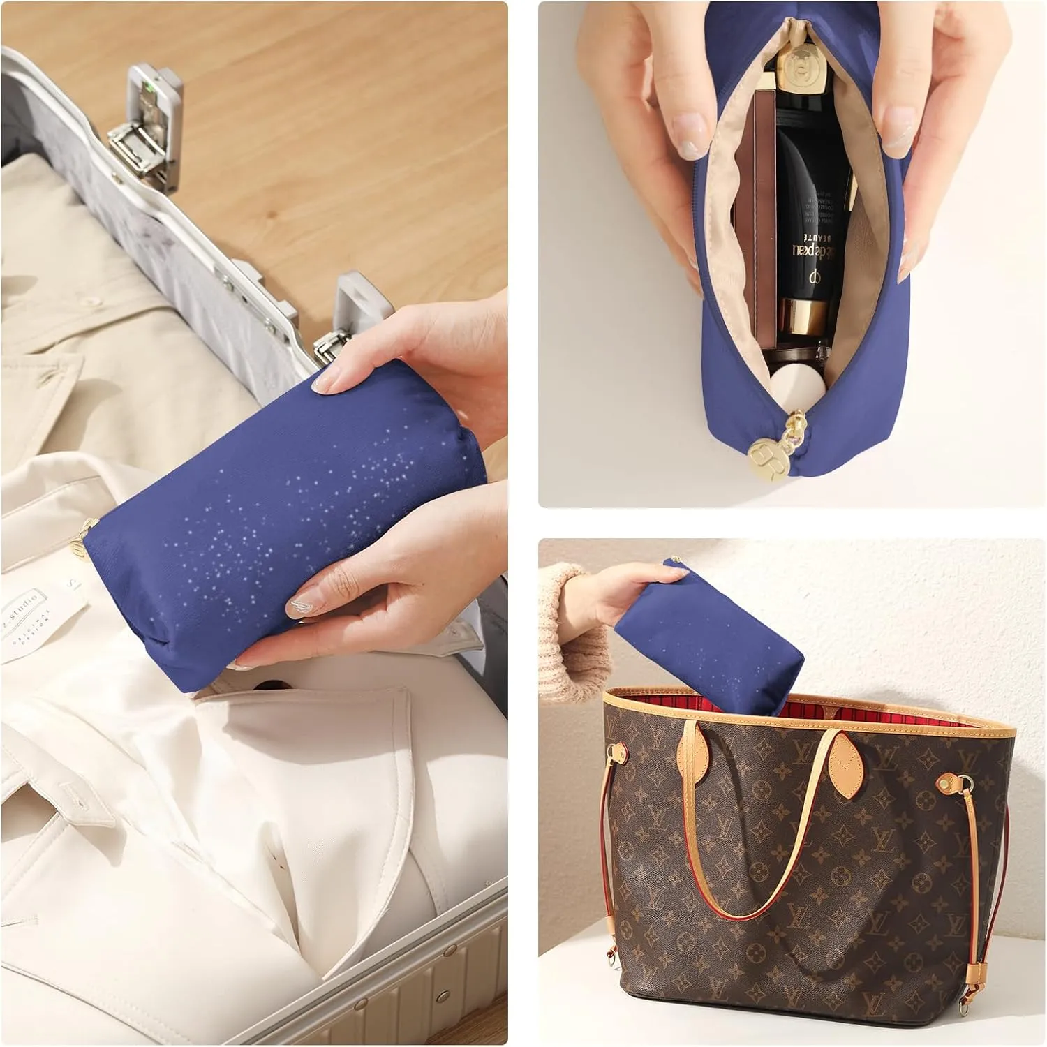 Small Makeup Bag for PurseBlue Cosmetic Travel Bag for Women, Cute Make Up Pouch for Accessories