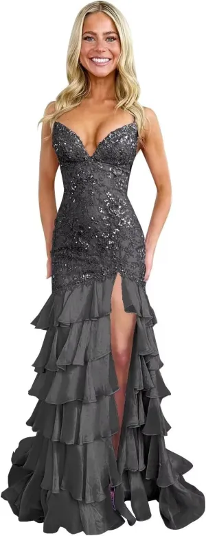 Spaghetti Straps Tiered Prom Dresses with Slit Mermaid Lace Backless Formal Cocktail Dresses for Women