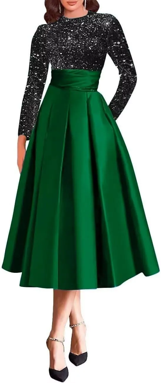 Sparkly Sequin Wedding Gown Long Sleeve Tea Length A Line Formal Dress Mother of The Bride Dresses for Women