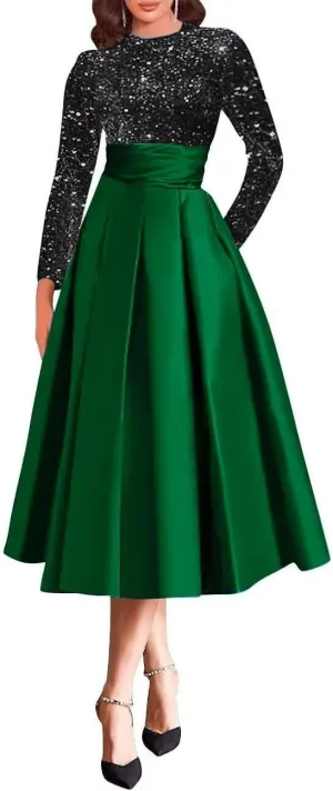 Sparkly Sequin Wedding Gown Long Sleeve Tea Length A Line Formal Dress Mother of The Bride Dresses for Women