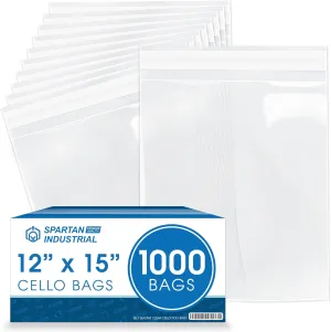 Spartan Industrial - 12" X 15" (1000 Count) Crystal Clear Resealable Cello Poly Bags for Packaging - Self Seal & Reinforced