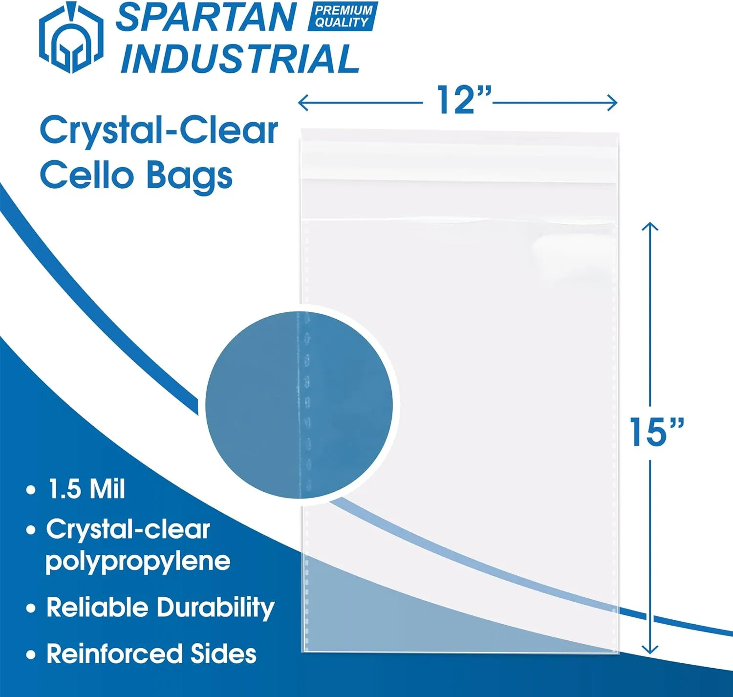 Spartan Industrial - 12" X 15" (1000 Count) Crystal Clear Resealable Cello Poly Bags for Packaging - Self Seal & Reinforced
