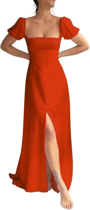 Square Neck Long Wedding Dress for Bride Chiffon A-line Prom Dresses with Slit Puffy Short Sleeves Evening Gowns