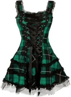 Steampunk Lace Up Plaid Skirt Medieval Renaissance Corset Mini Dress for Women Sleeveless Cami Gothic Lace Trim Costumes
