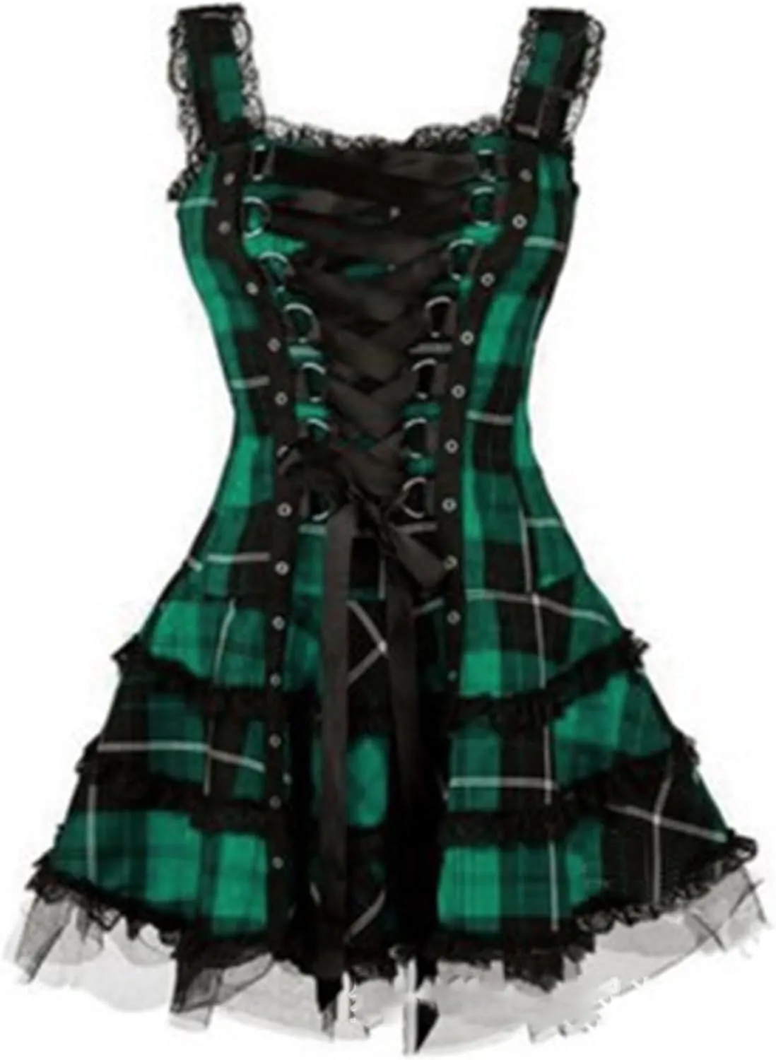 Steampunk Lace Up Plaid Skirt Medieval Renaissance Corset Mini Dress for Women Sleeveless Cami Gothic Lace Trim Costumes
