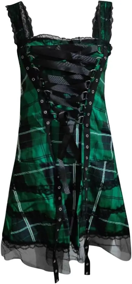 Steampunk Lace Up Plaid Skirt Medieval Renaissance Corset Mini Dress for Women Sleeveless Cami Gothic Lace Trim Costumes