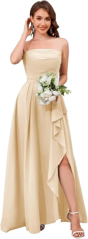 Strapless Chiffon Bridesmaid Dresses for Women Detachable Straps Ruffle Formal Evening Gowns with Slit