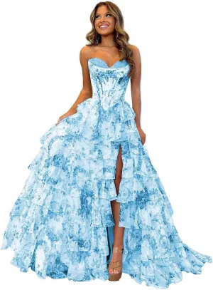 Strapless Prom Dresses 2025 Tiered Ruffle Chiffon Ball Gown Corset Satin Quinceanera Dresses