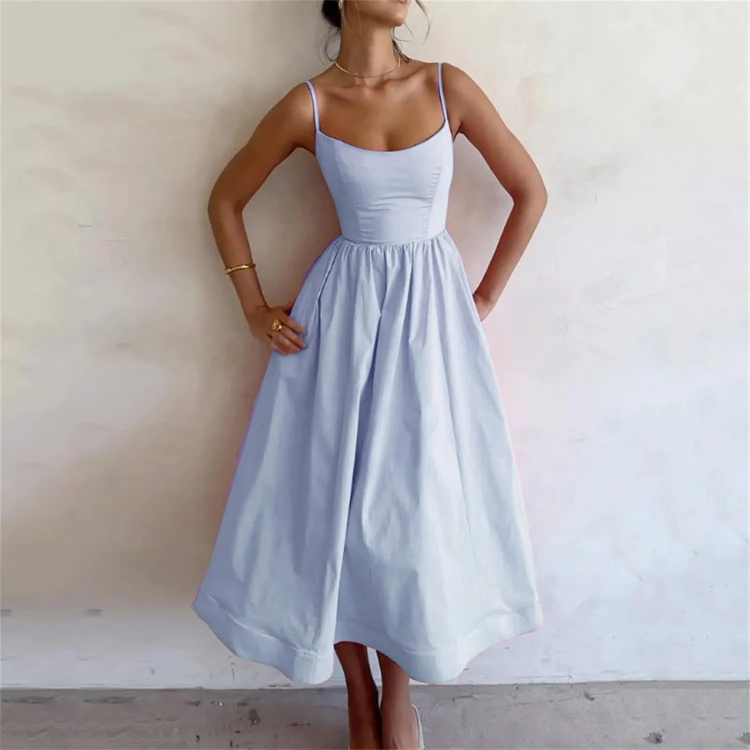 Summer Dress Casual Women Spaghetti Strap Sexy Low-Cut Sleeveless Maxi Dresses Waist Pleated Aline Flowy Swing Dress