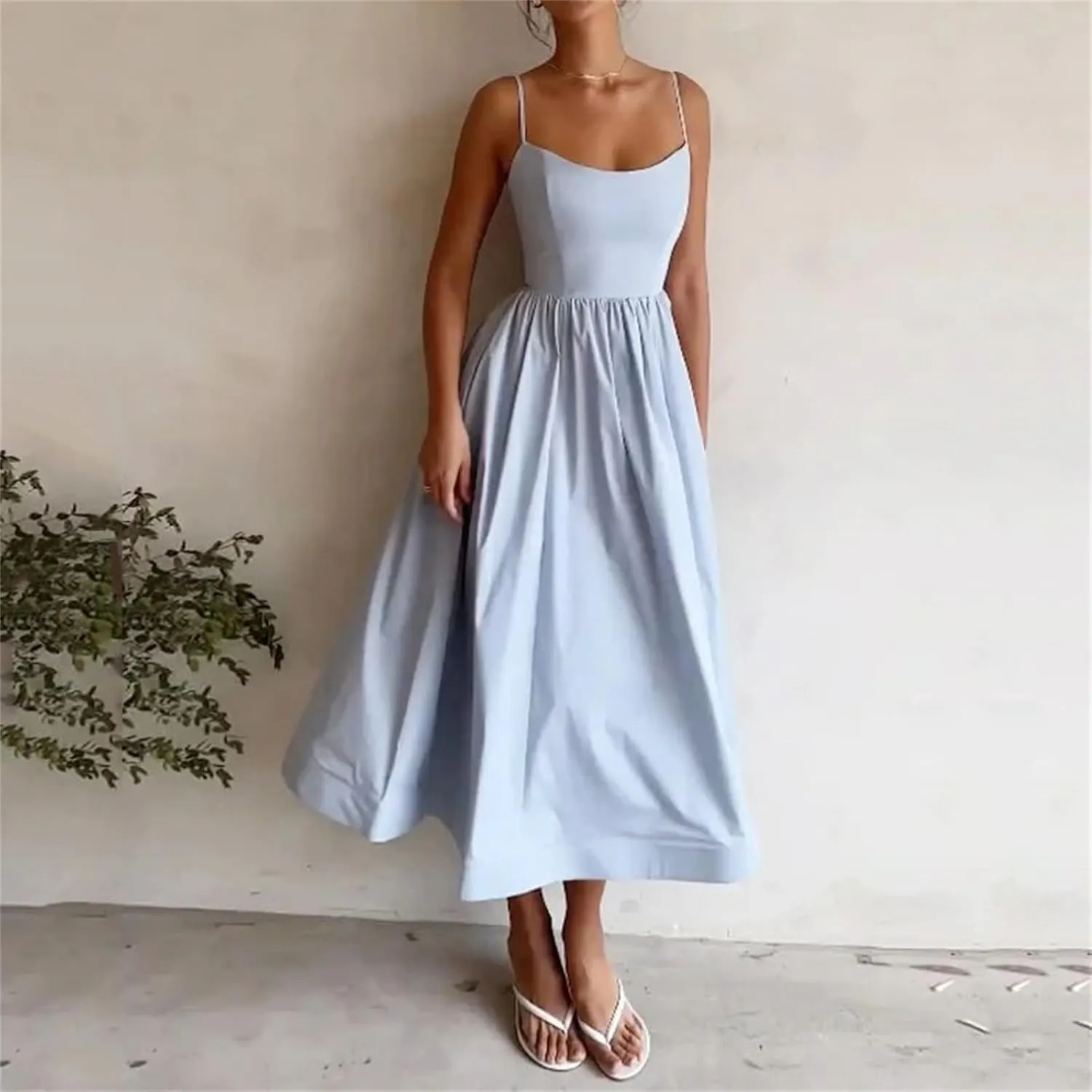 Summer Dress Casual Women Spaghetti Strap Sexy Low-Cut Sleeveless Maxi Dresses Waist Pleated Aline Flowy Swing Dress