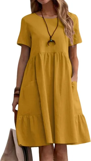 Summer Dresses for Women Cotton Linen Casual Midi Dresses Short Sleeve Crewneck Loose Flowy Dress with Pockets