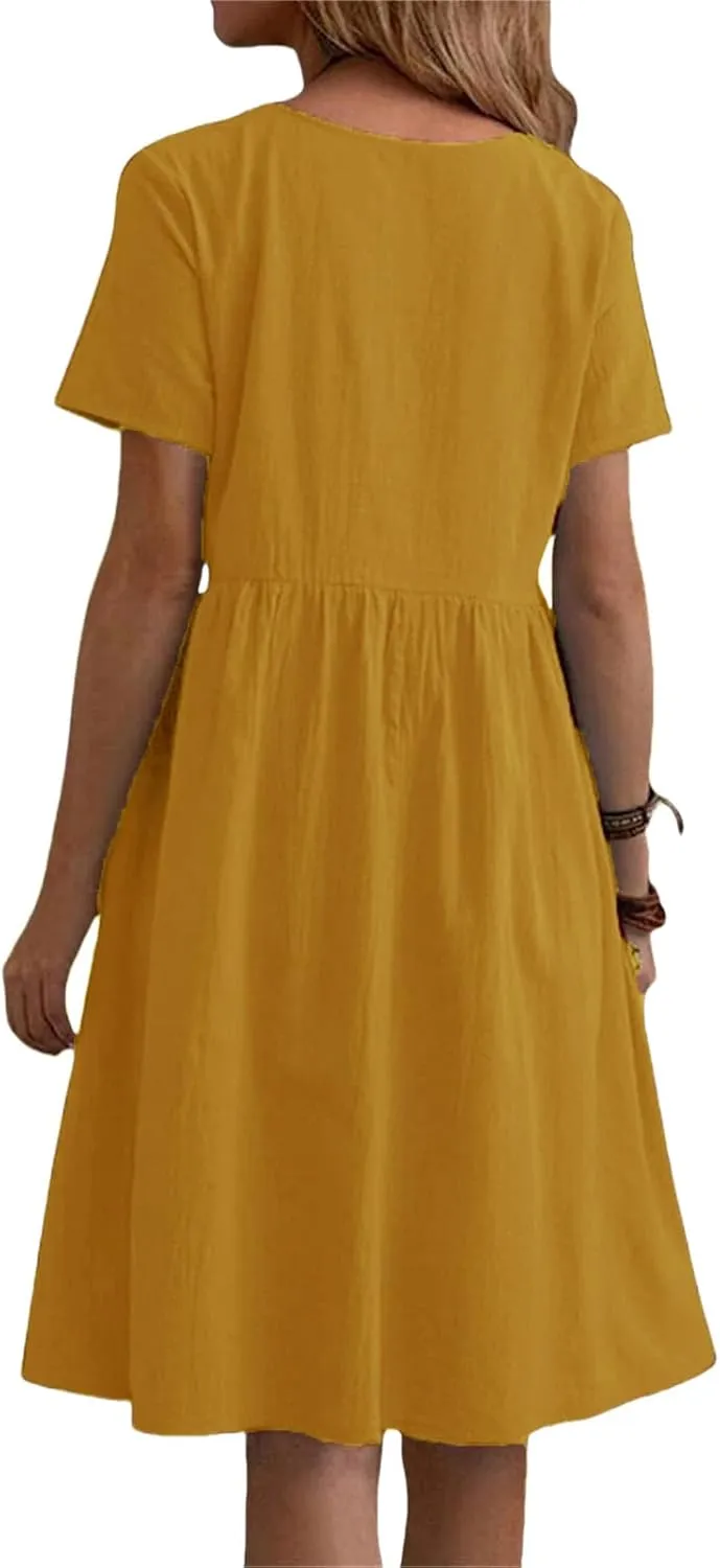 Summer Dresses for Women Cotton Linen Casual Midi Dresses Short Sleeve Crewneck Loose Flowy Dress with Pockets