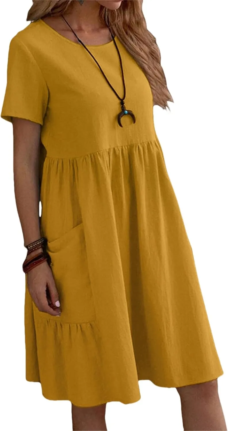 Summer Dresses for Women Cotton Linen Casual Midi Dresses Short Sleeve Crewneck Loose Flowy Dress with Pockets
