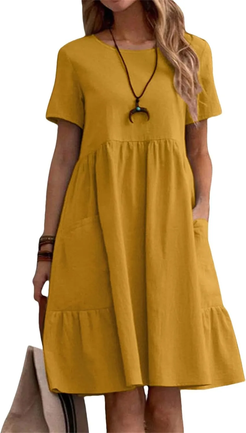 Summer Dresses for Women Cotton Linen Casual Midi Dresses Short Sleeve Crewneck Loose Flowy Dress with Pockets