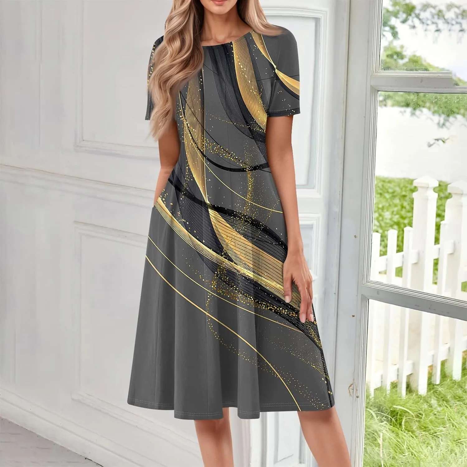 Summer Dresses for Women Flowy Casual Midi Dresses Aline Beach Tshirt Dress Floral Short Sleeve Dress with Pockets