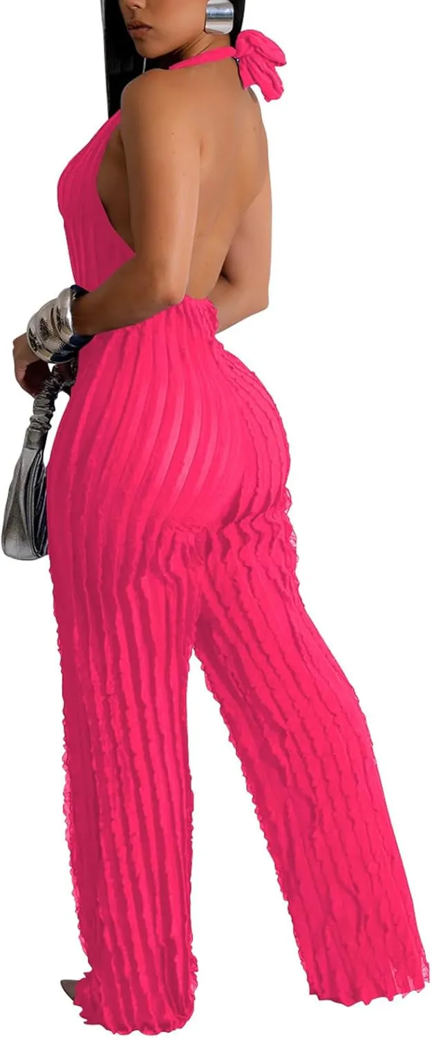 Summer Halter Backless Jumpsuits for Women Sexy See Through V Neck Tie Pleated One Piece Wide Leg Long Pants Romper