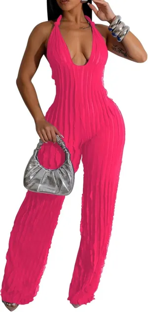 Summer Halter Backless Jumpsuits for Women Sexy See Through V Neck Tie Pleated One Piece Wide Leg Long Pants Romper
