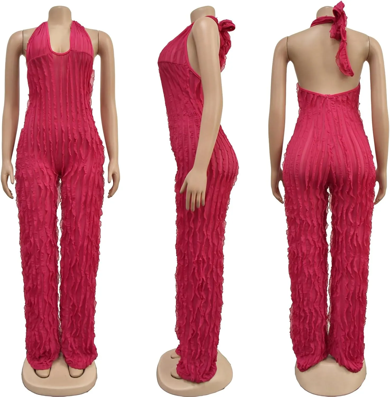 Summer Halter Backless Jumpsuits for Women Sexy See Through V Neck Tie Pleated One Piece Wide Leg Long Pants Romper