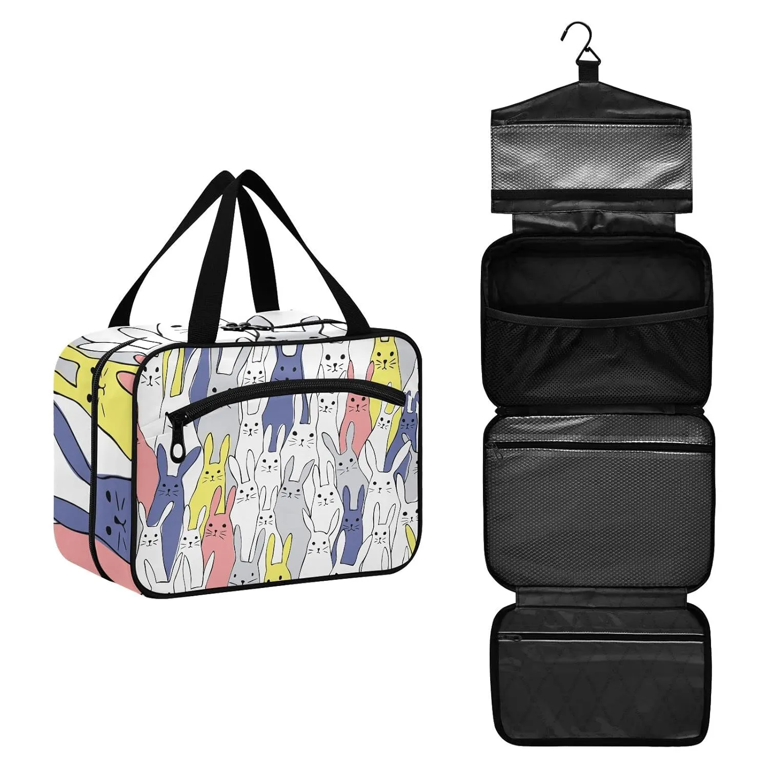 susiyo Cute Yellow White Bunny Toiletry Bags with Hanging Hook Foldable Cosmetic Bag Travel Accessories - Medium