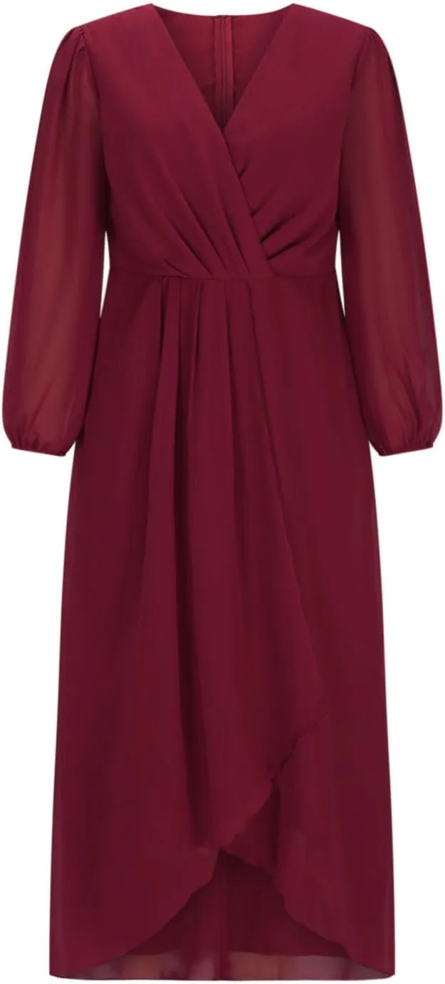 TANGNADE Women's Fall Dresses 2024 3/4 Sleeve V Neck Wrap A-Line Flowy Maxi Dress Flowy Pleated Wedding Guest Dress